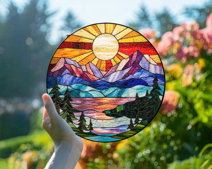 Mountain Range Stained Glass Suncatcher, Nature Decor Art