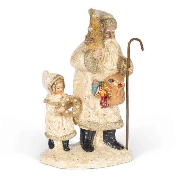 Paper Mache Santa with Tree and Child, 11"H