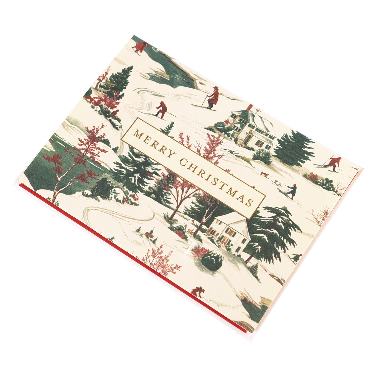 La Petite Noel Scene Holiday Boxed Correspondence Notes, A boxed Christmas correspondence card with a vintage winter village toile scene and Merry Christmas in a gold foil box.