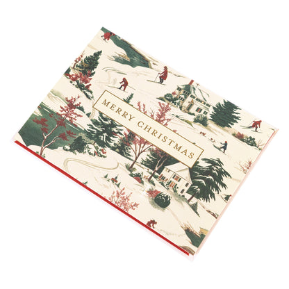La Petite Noel Scene Holiday Boxed Correspondence Notes, A boxed Christmas correspondence card with a vintage winter village toile scene and Merry Christmas in a gold foil box.