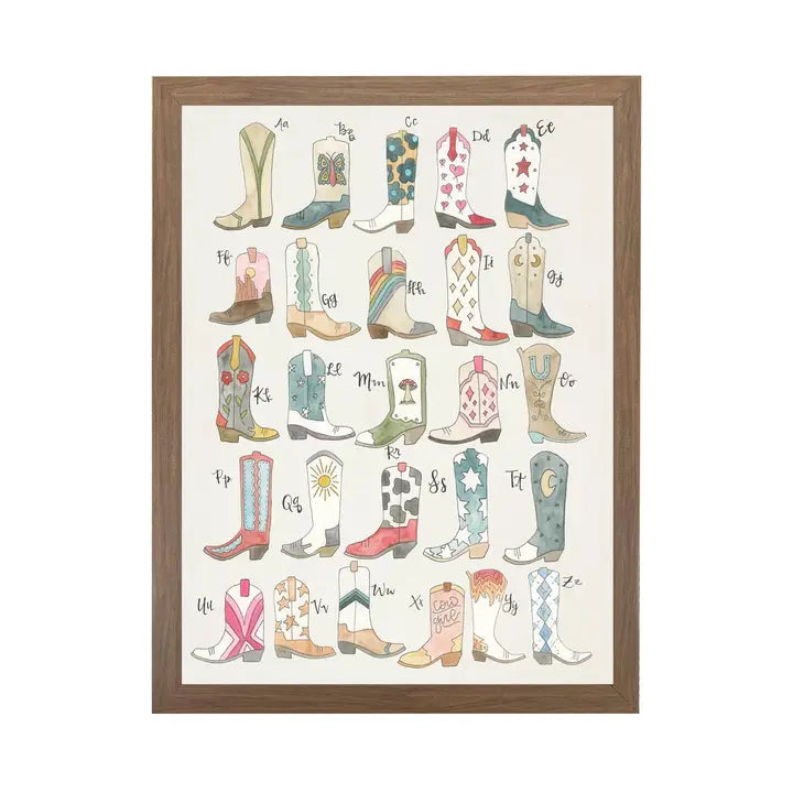 Watercolor Western Boot Abc Art | White Frame