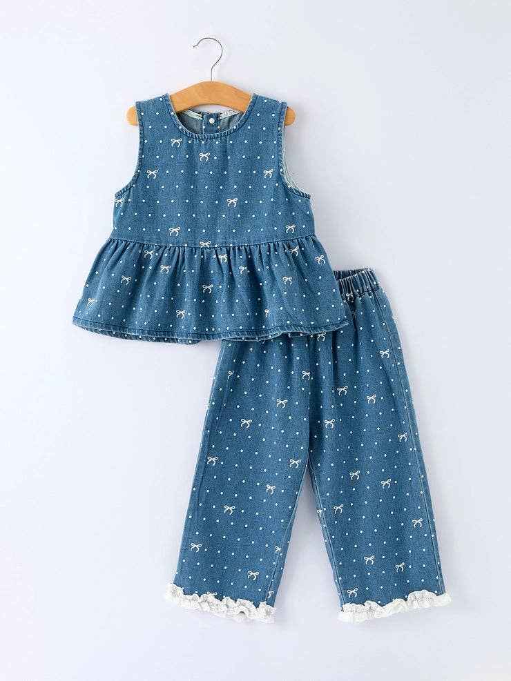 Spring Bow Dot Denim Ruffle Top and Pants Set 3/4 Pants: Blue / 8/9Y