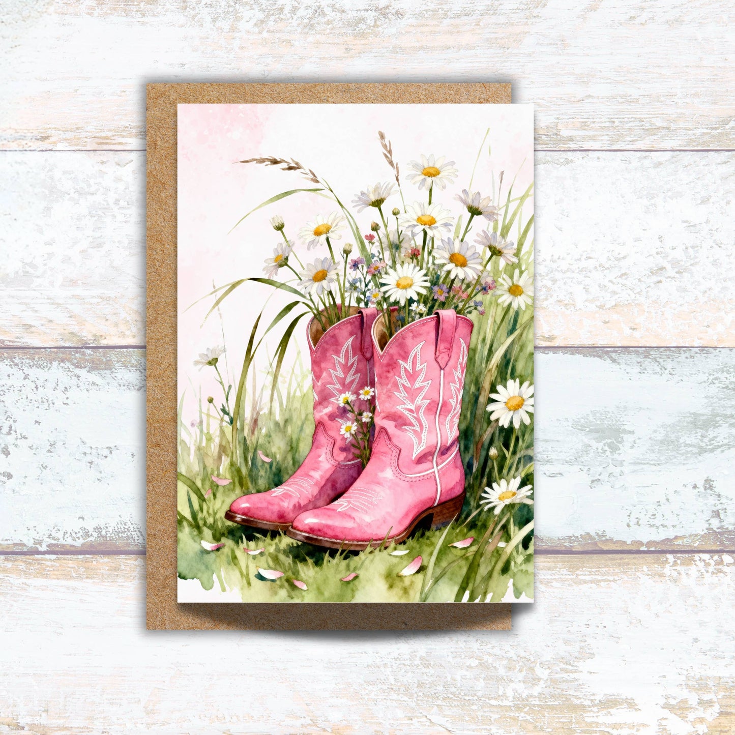Pink Cowgirl Boots in Daisies Greeting Card