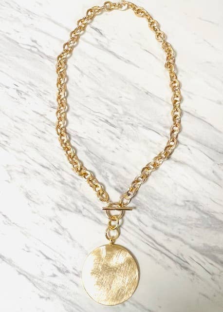 Anita K By Blushing Pink - Brushed Brass Circle Pendant Toggle Necklace