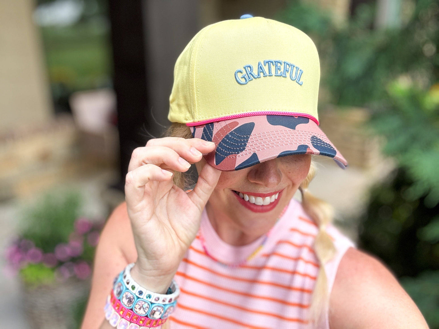 Taylor Elliott Designs - Embroidered Baseball Cap - "Grateful" - Yellow + Camouflage