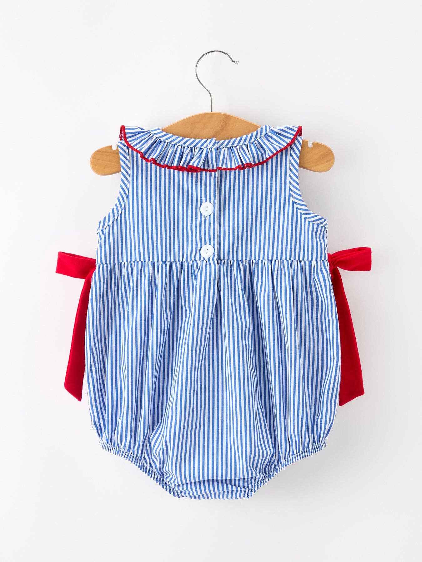 Girls 4th of July Plaid Romper Bow Smocked Embroidery: 3M