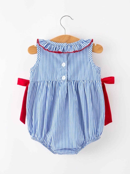 Girls 4th of July Plaid Romper Bow Smocked Embroidery: 3M