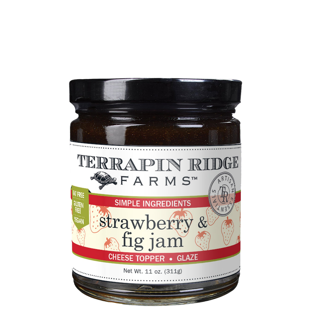 A glass jar of Terrapin Ridge Farms strawberry and fig jam with a black lid and a label reading net wt. 11 oz, fat free, gluten free and vegan.