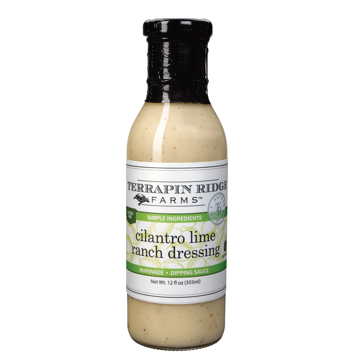 A glass bottle of creamy Terrapin Ridge Farms cilantro lime ranch dressing with a black neck and a white and green label reading net wt. 12 fl oz.