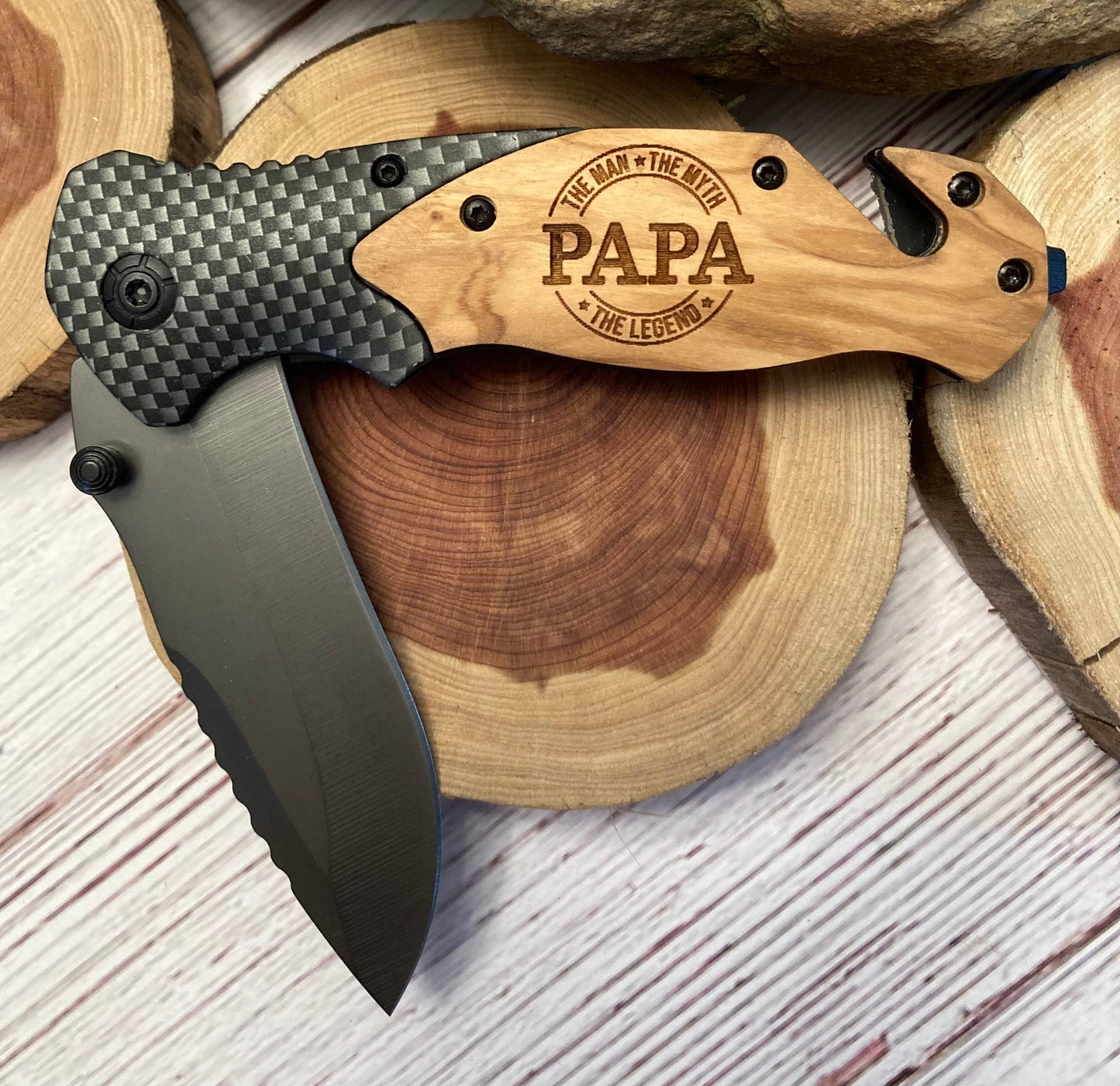 Papa - Man, Myth, Legend Knife - Quail Tail Laser Art