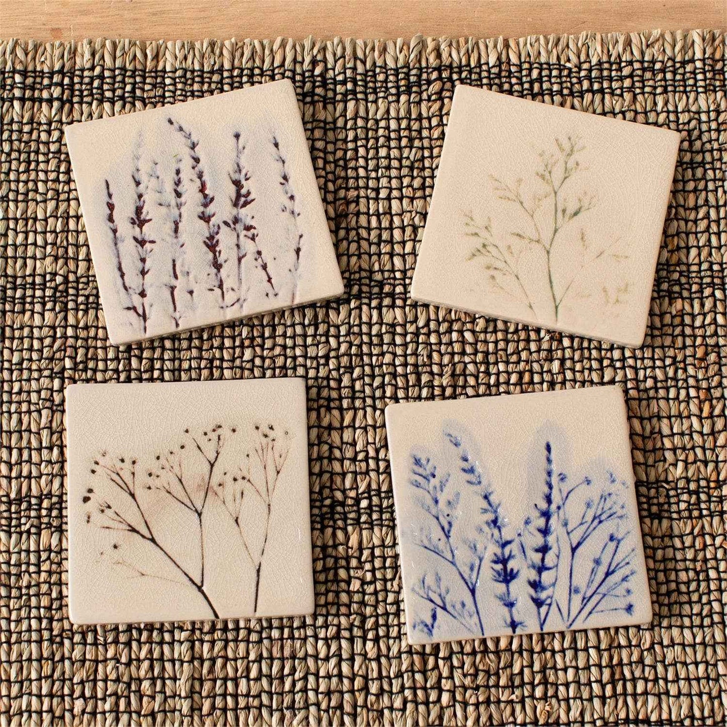 Pressed Wildflower Stoneware Coasters – Set of 4 (Pk/4 Sets)