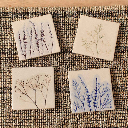 Pressed Wildflower Stoneware Coasters – Set of 4 (Pk/4 Sets)
