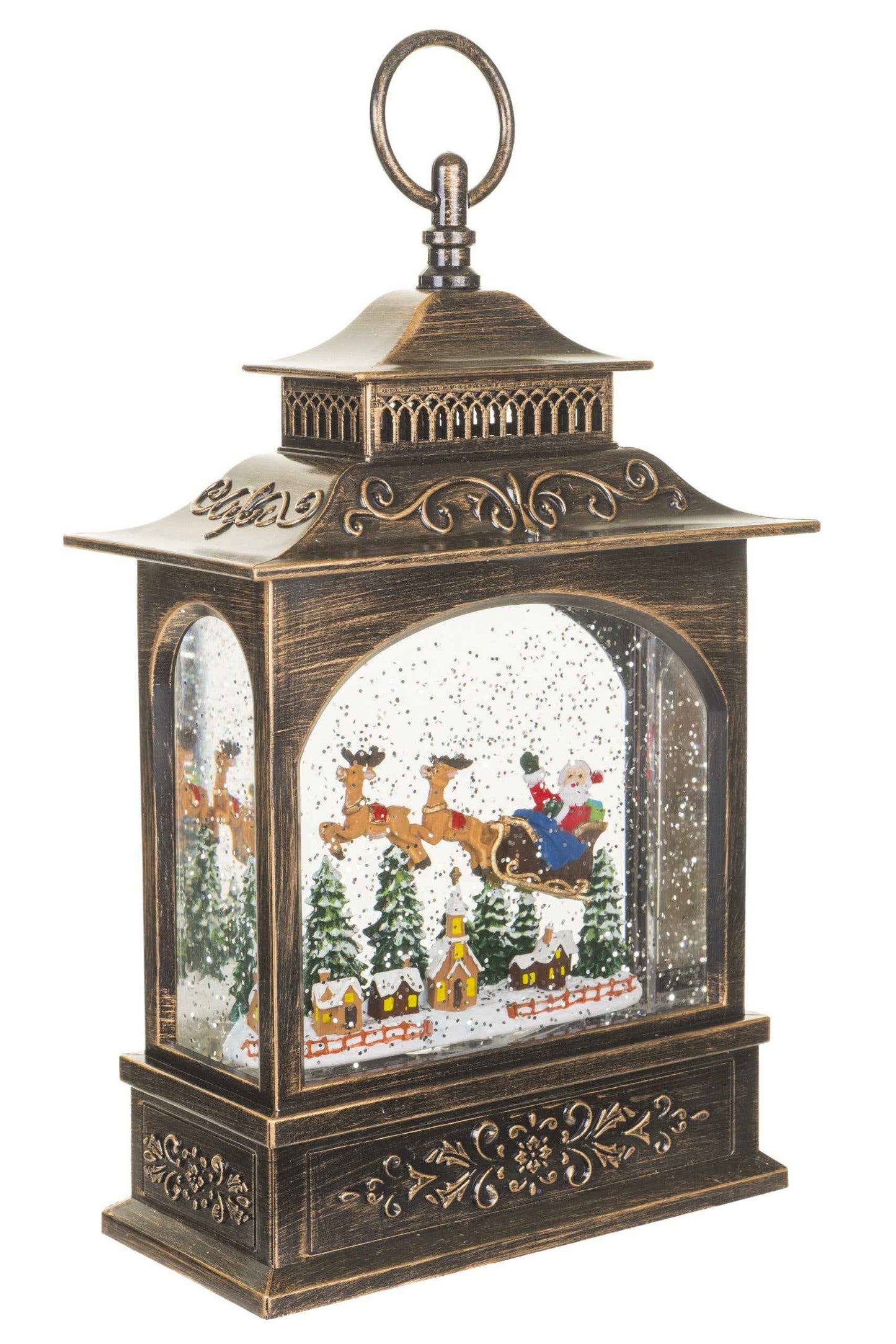 NEW-Antique Brown Lantern Snow Globe with Santa in Sleigh