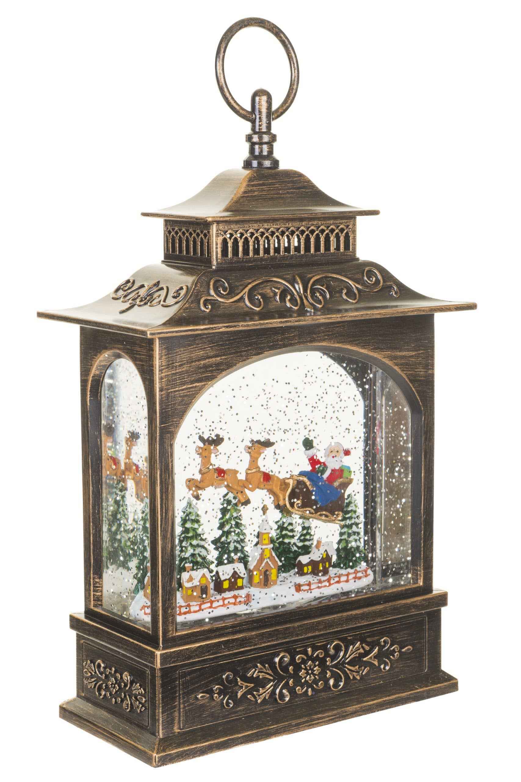 NEW-Antique Brown Lantern Snow Globe with Santa in Sleigh