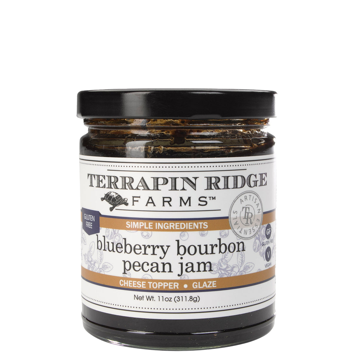 A glass jar of Terrapin Ridge Farms blueberry bourbon pecan jam with a black lid and a white label reading net wt. 11 oz.