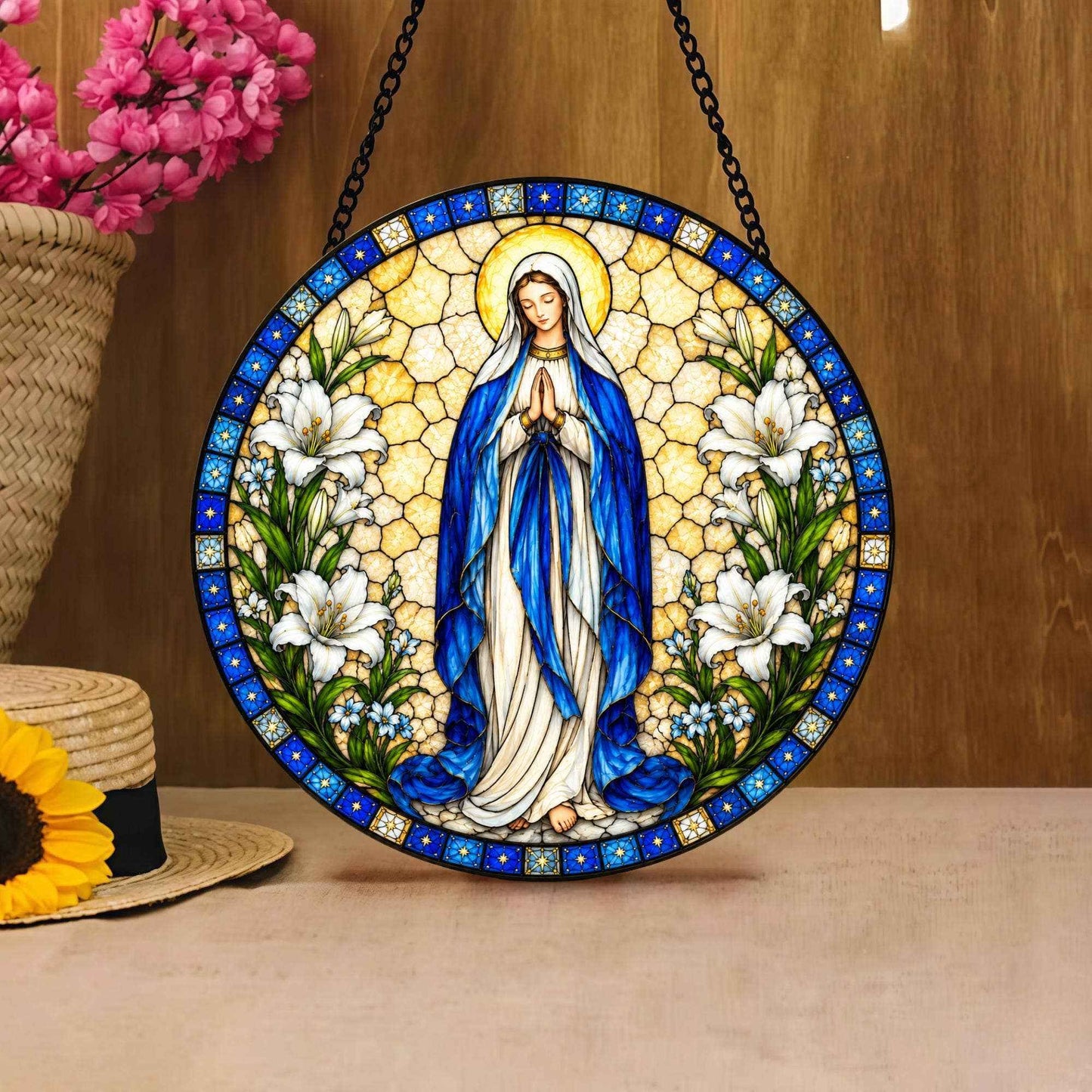 Virgin Mary Stained Glass Suncatcher, Christian Window Decor