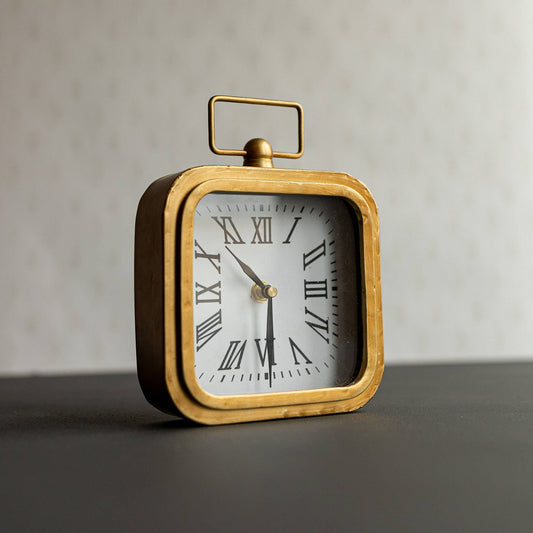 Rounded Brass Tabletop Clock With Handle And Glass