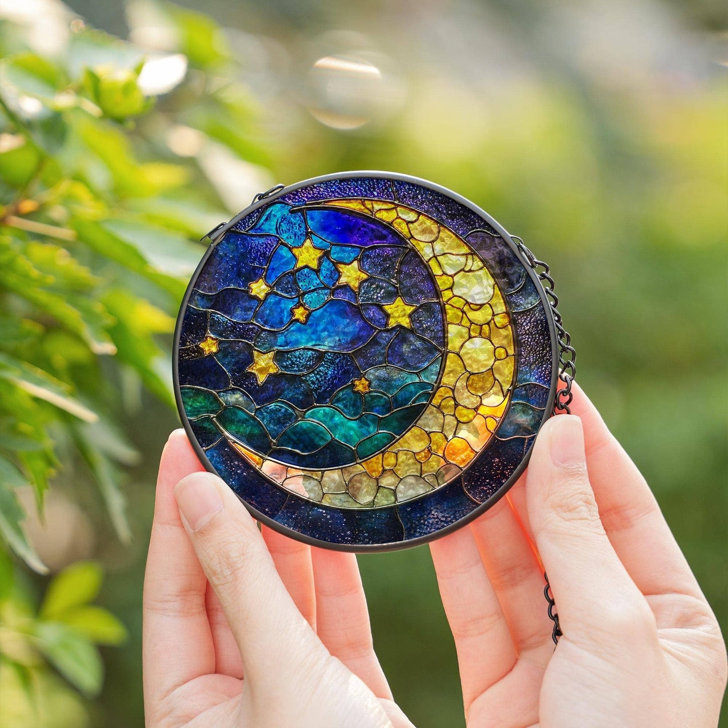 Moon and Stars Stained Glass Suncatcher, Mystical Night