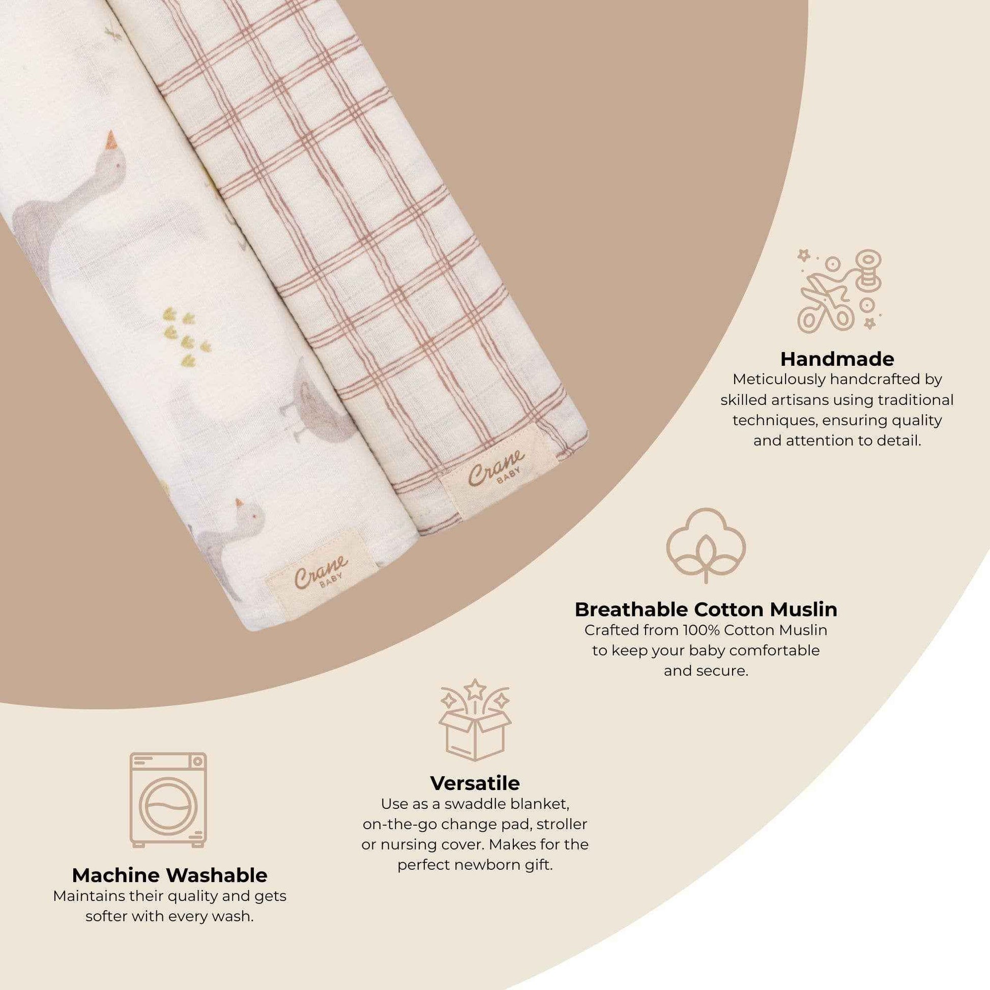 Crane Baby - Charlie 2-pc. Farmhouse Goose/Check Swaddle Set