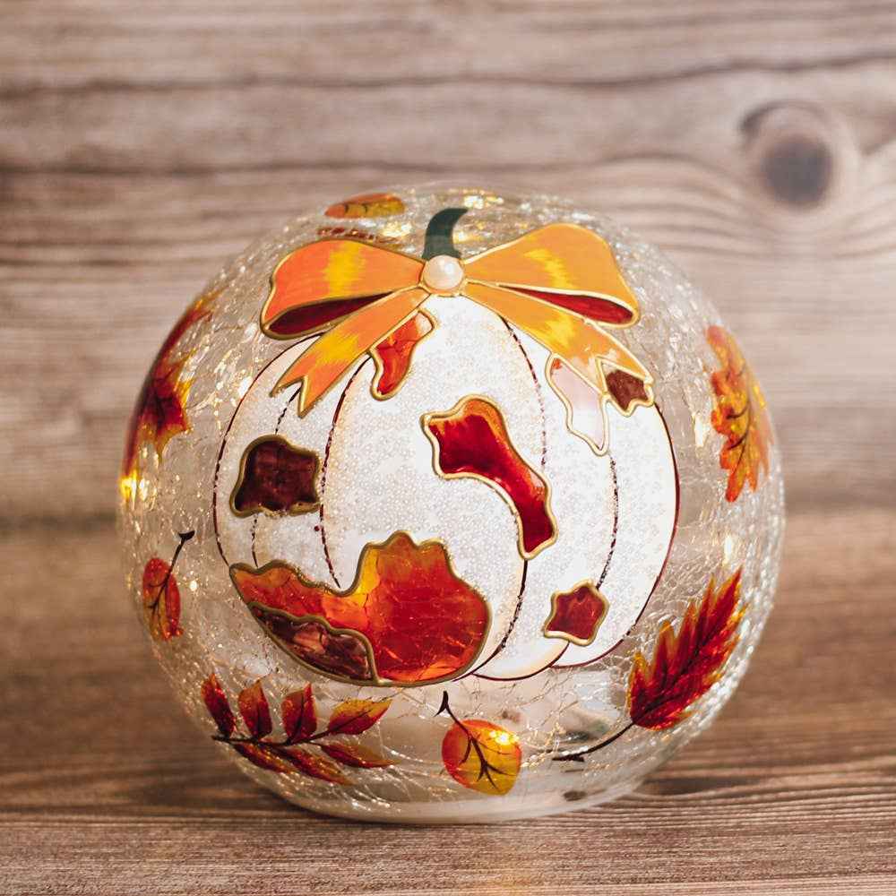 White Pumpkin Bow LED Glass Orb – Fall Autumn Decor