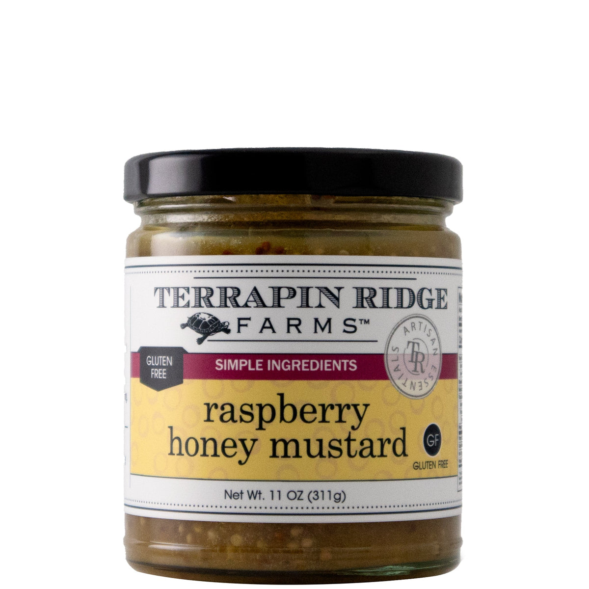 A glass jar of coarse raspberry honey mustard with a black lid and a Terrapin Ridge Farms label reading net wt. 11 oz and gluten free.