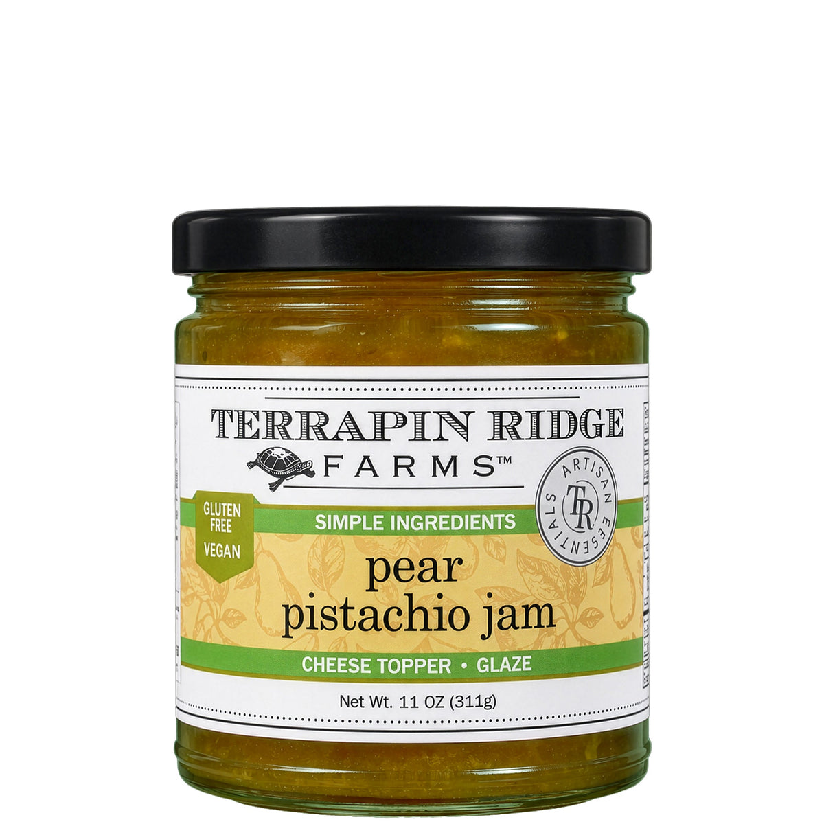 A glass jar of Terrapin Ridge Farms pear pistachio jam with a black lid and a green and cream label reading net wt. 11 oz, gluten free and vegan.