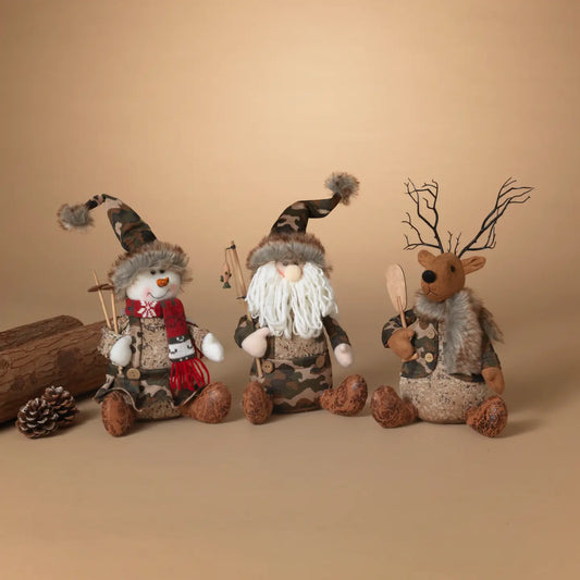 Figura decorativa navideña de camuflaje de tela para sentar - 33 cm de alto.