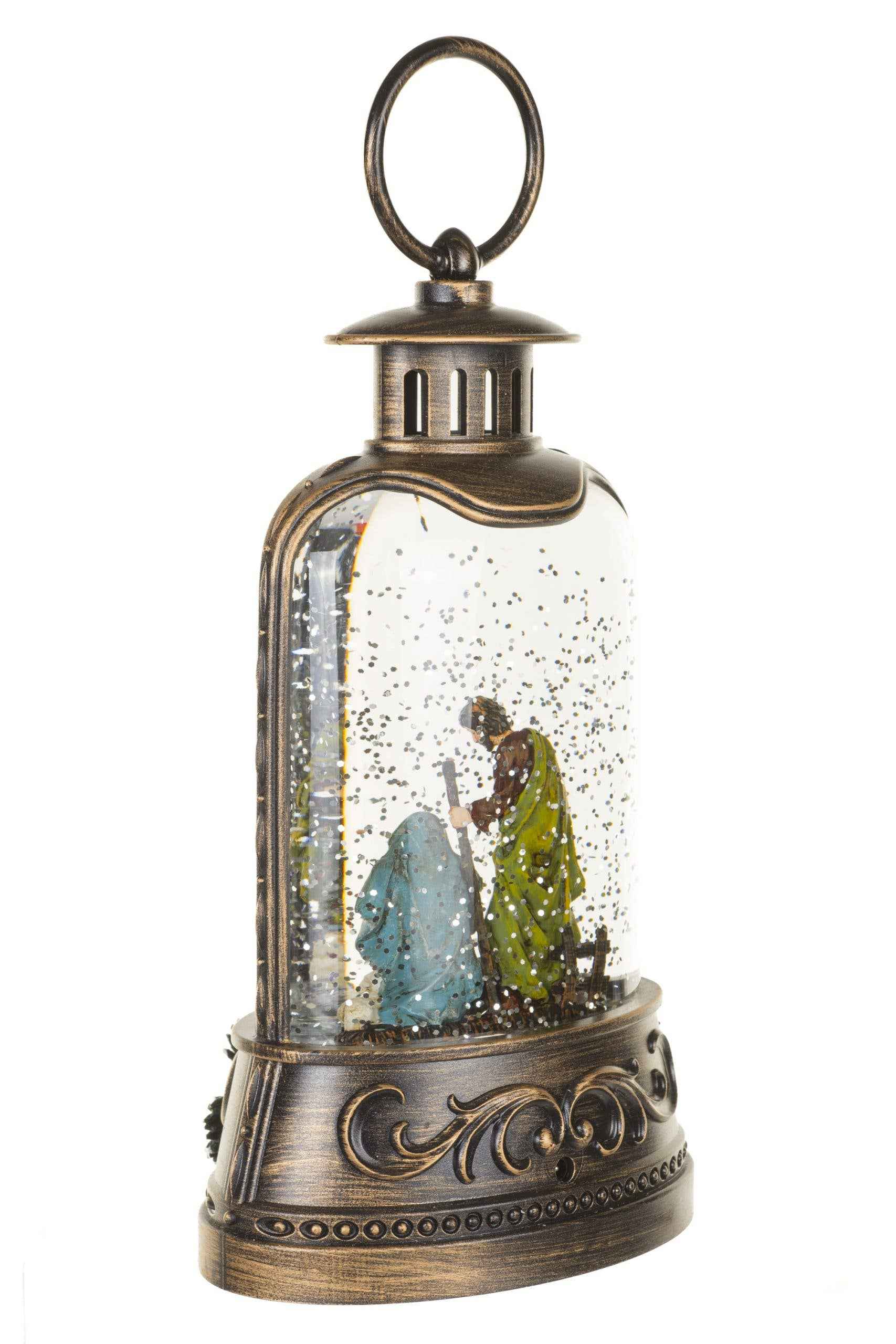 NEW-Antique Brown Lantern Snow Globe with Nativity Scene
