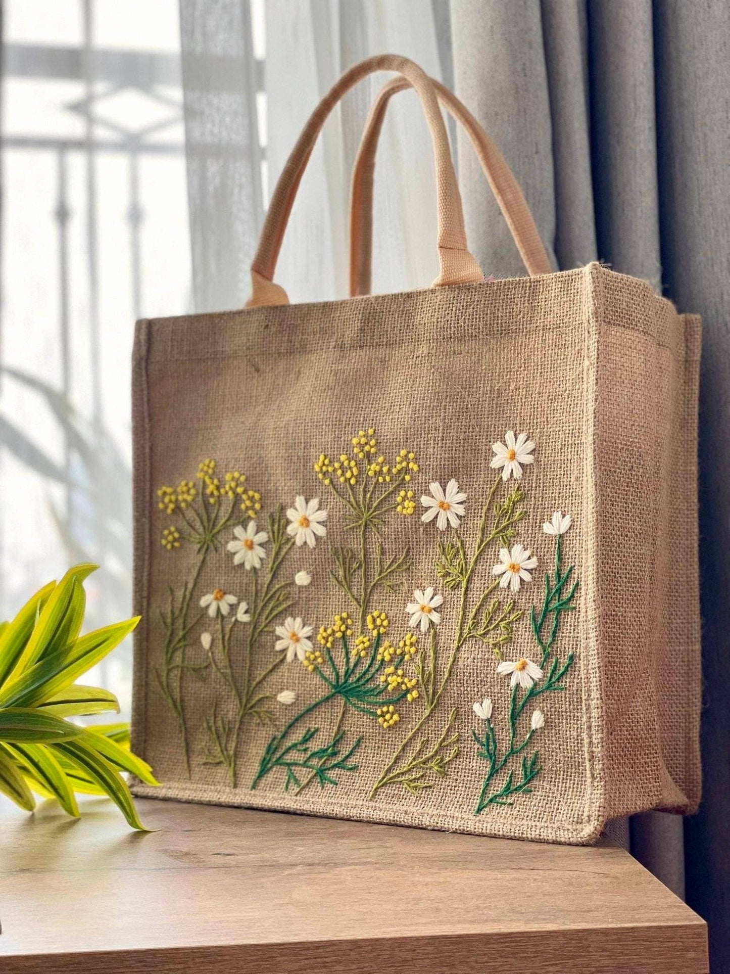 Daisy Garden Embroidered Jute Bag