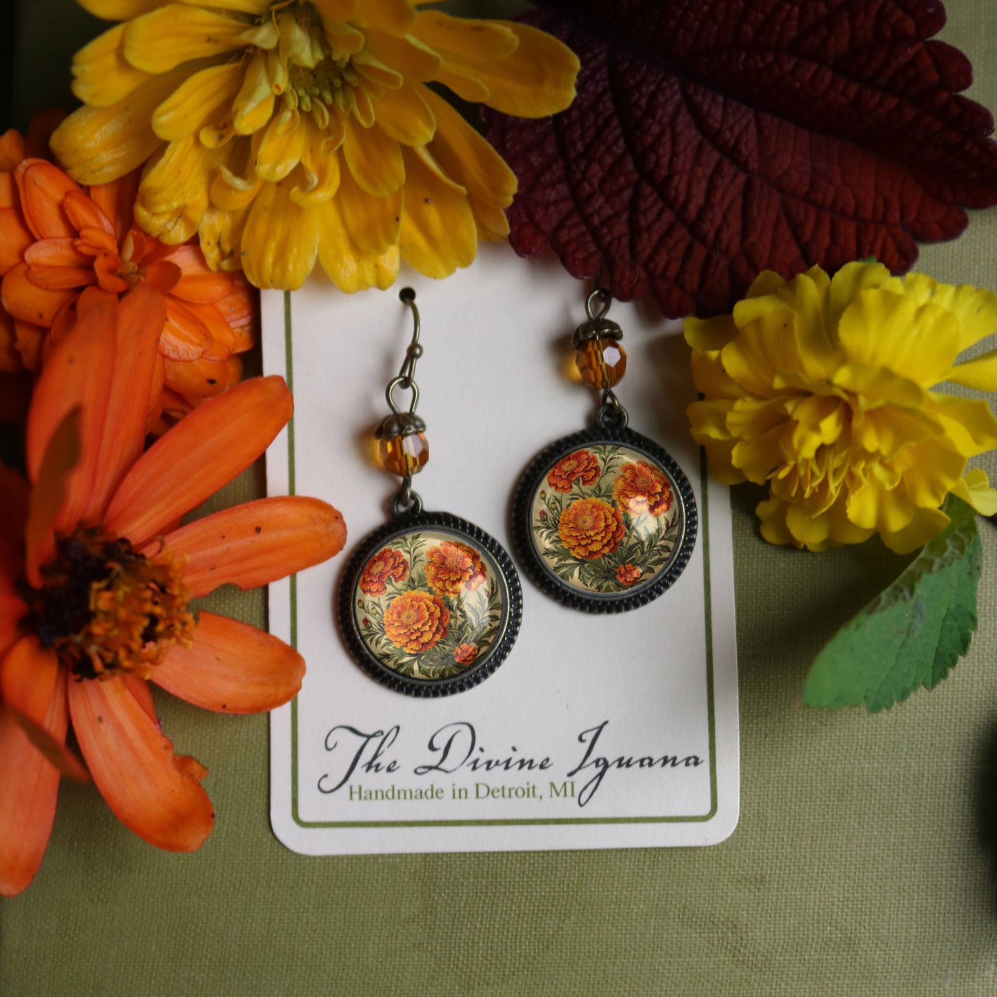 Marigold Flowers Bronze and Glass Cabochon Earrings