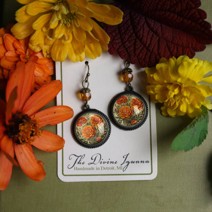 Marigold Flowers Bronze and Glass Cabochon Earrings