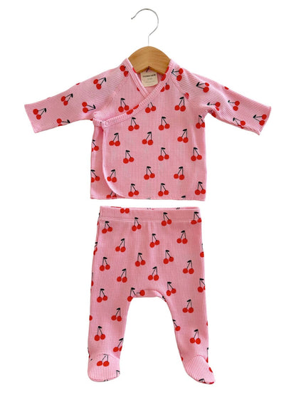 Organic Waffle Kimono & Pant Set, Pink Cherries: Newborn