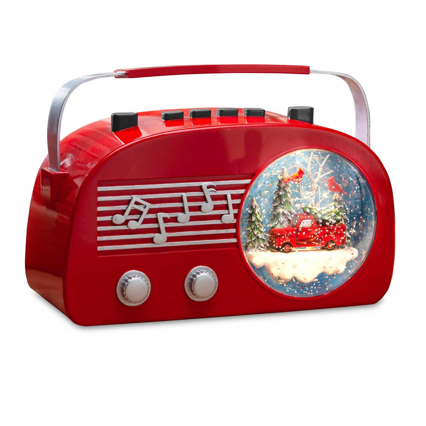 Gerson This retro snow globe features a vintage style red radio
