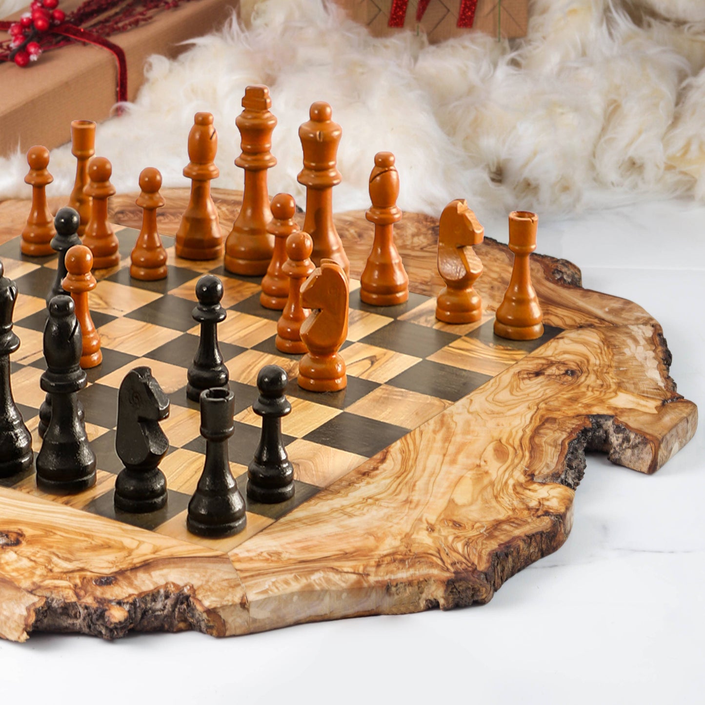 Olive Wood Chess Board – Black Squares Handmade