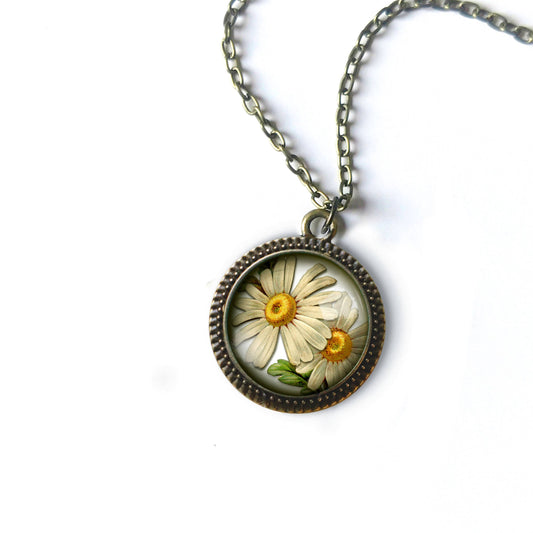 Summer Daisy Cottage Core Glass Cabochon Large Necklace