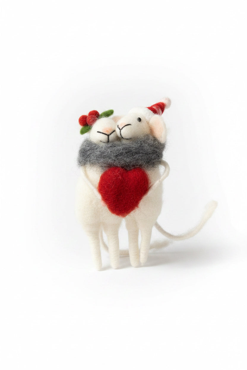 Plush Mice Hugging Holding Heart Ornament