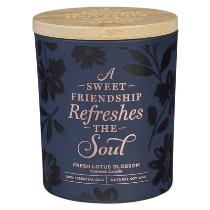 Glass Candle w/Bamboo Lid Navy Sweet Friendship