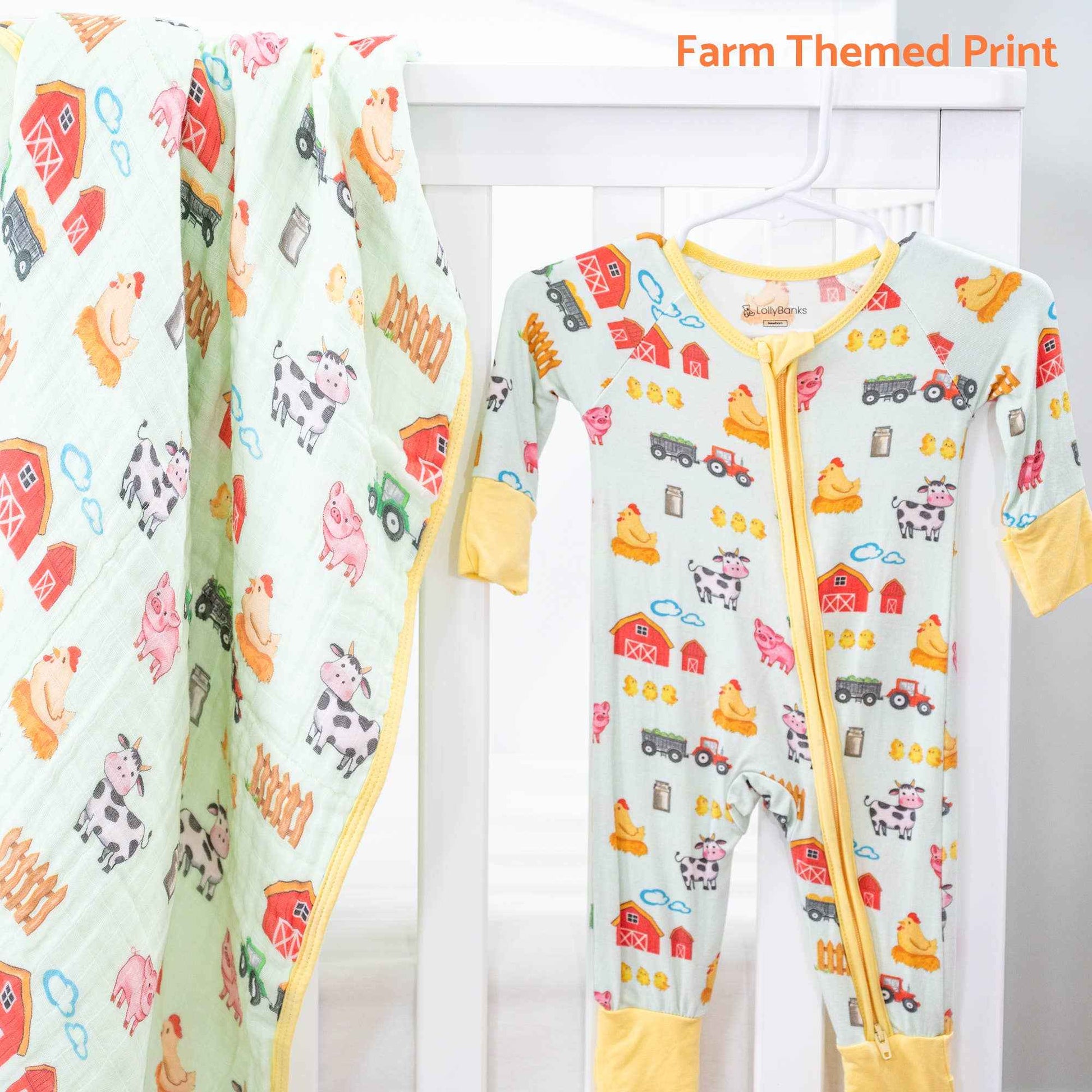 LollyBanks - Bamboo Baby Convertible Zipper Pajamas - Farm Pigs Cows Barn