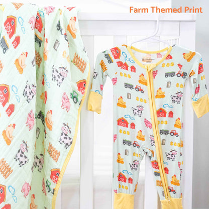 LollyBanks - Bamboo Baby Convertible Zipper Pajamas - Farm Pigs Cows Barn