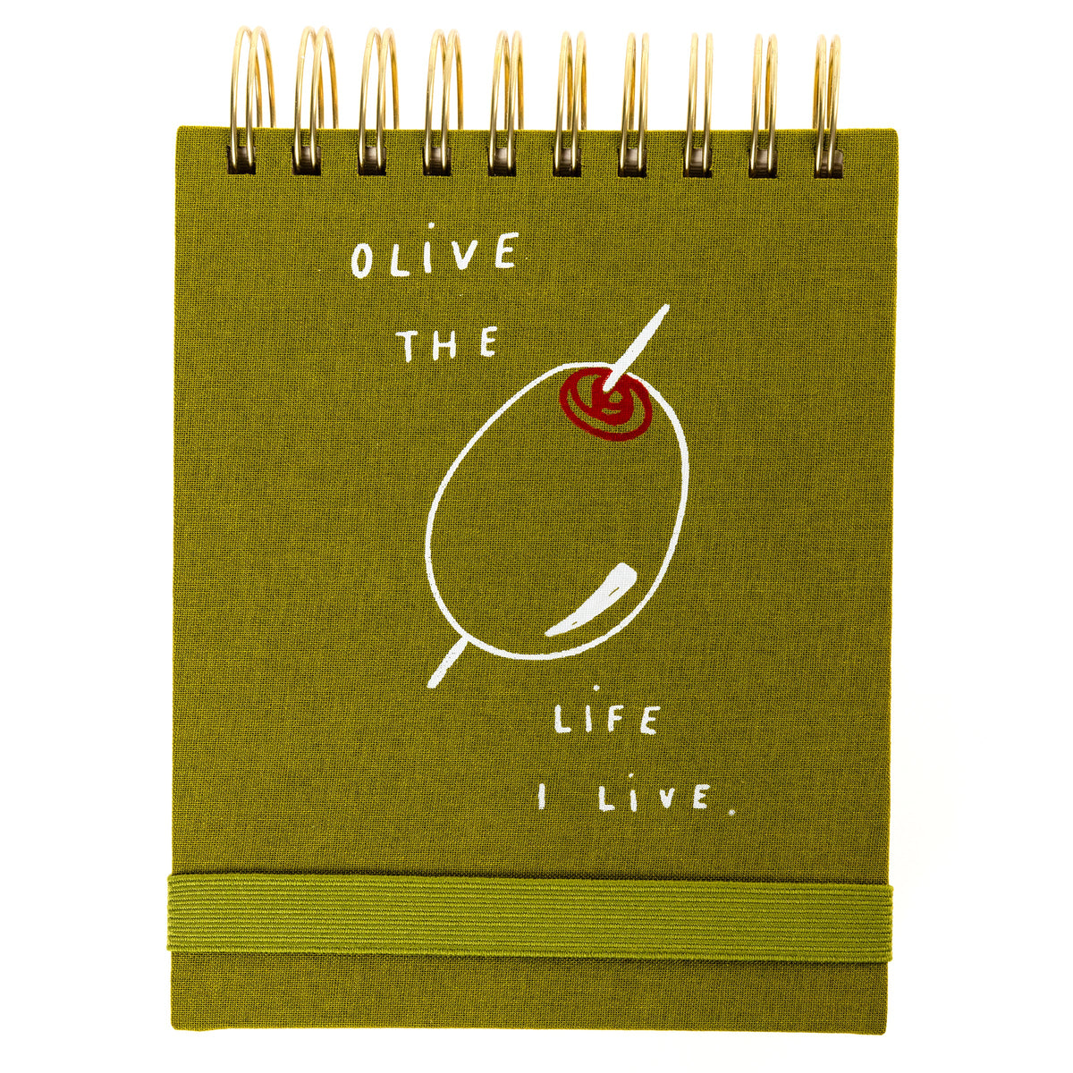 Olive Fabric-Bound Notepad, An olive green fabric notepad printed Olive the Life I Live with a hand drawn olive graphic.