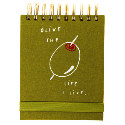 Olive Fabric-Bound Notepad, An olive green fabric notepad printed Olive the Life I Live with a hand drawn olive graphic.
