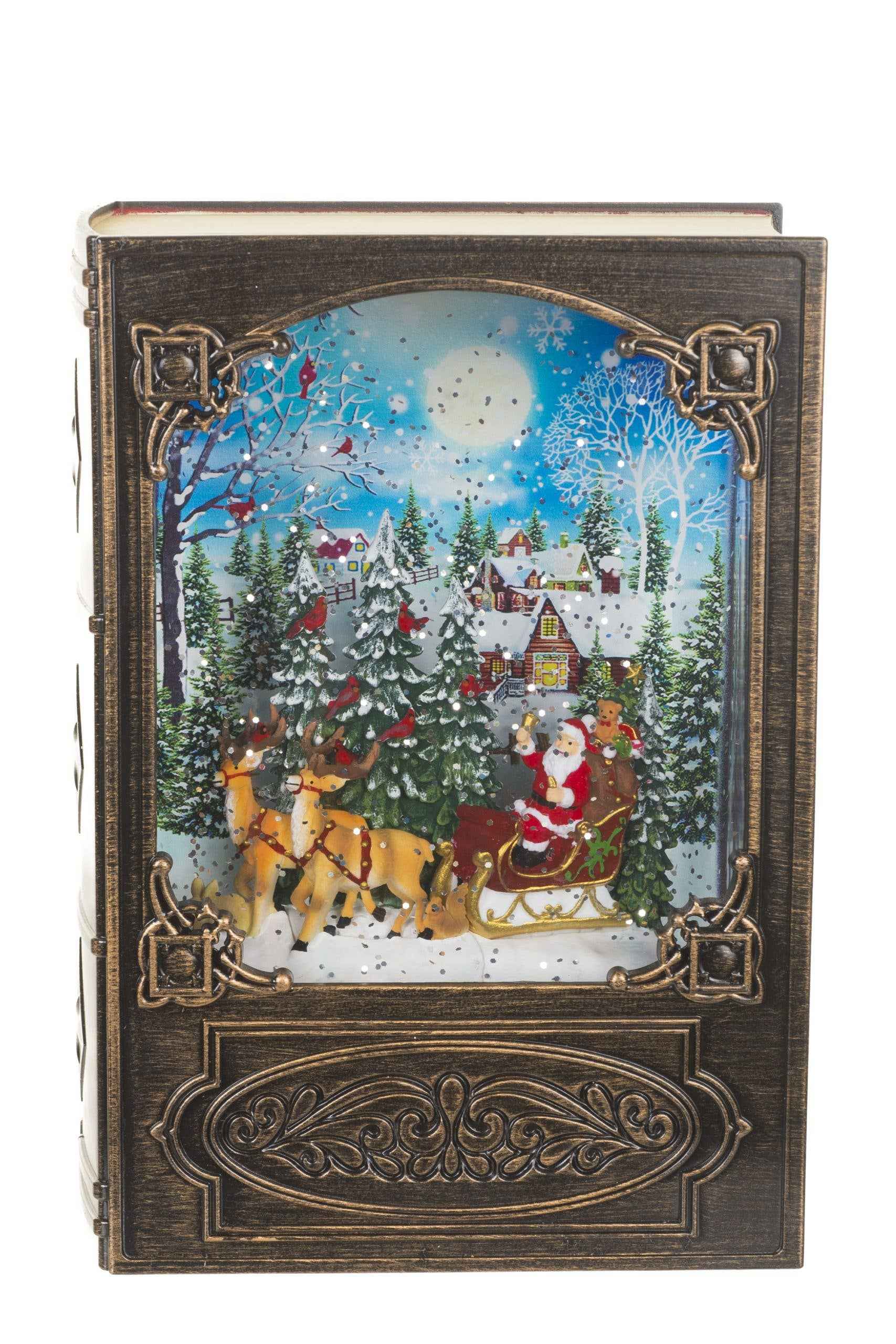 NEW-Antique Brown Book Snow Globe with Santa in Sleigh