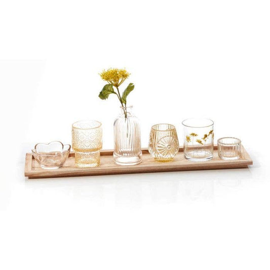 Paulownia Wood Tray, Glass Vase, Votives & Faux Flower