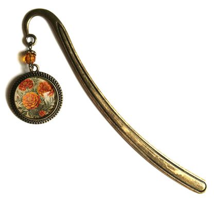 Marigold Flowers Bronze and Glass Cabochon Bookmark
