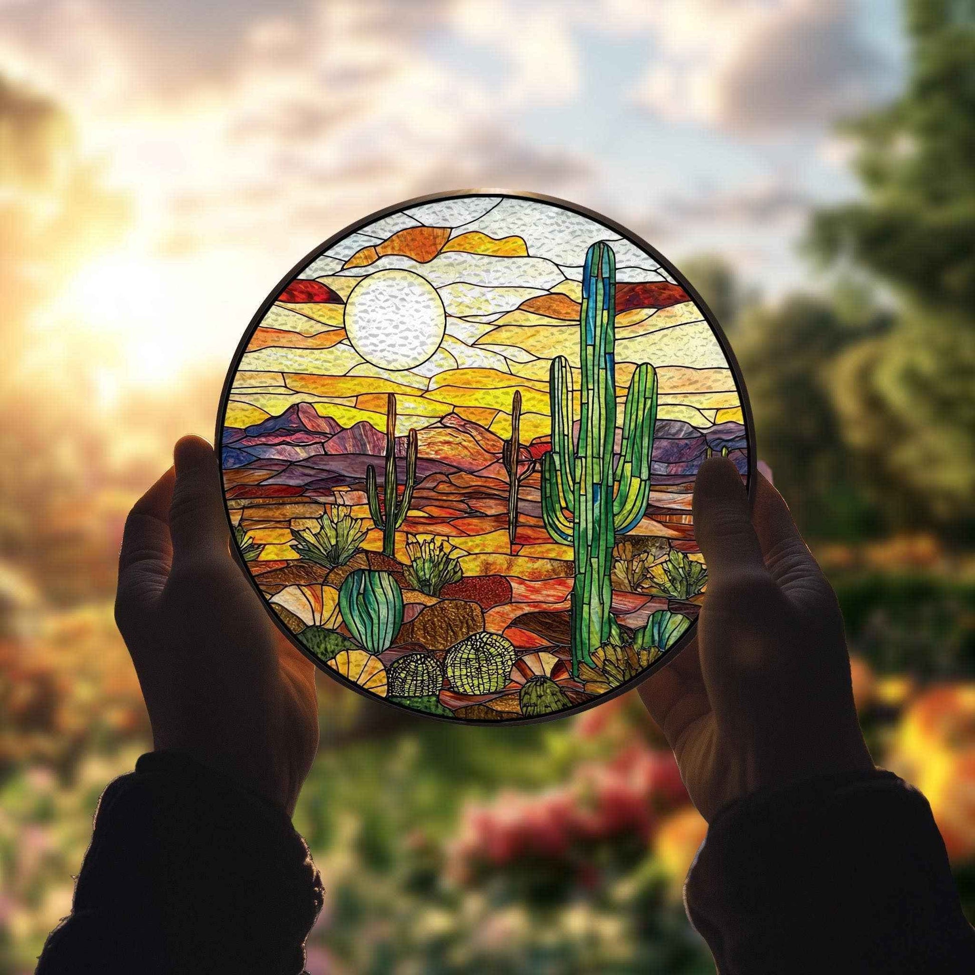 Cactus Landscape Stained Glass Suncatcher, Sunset Ornament