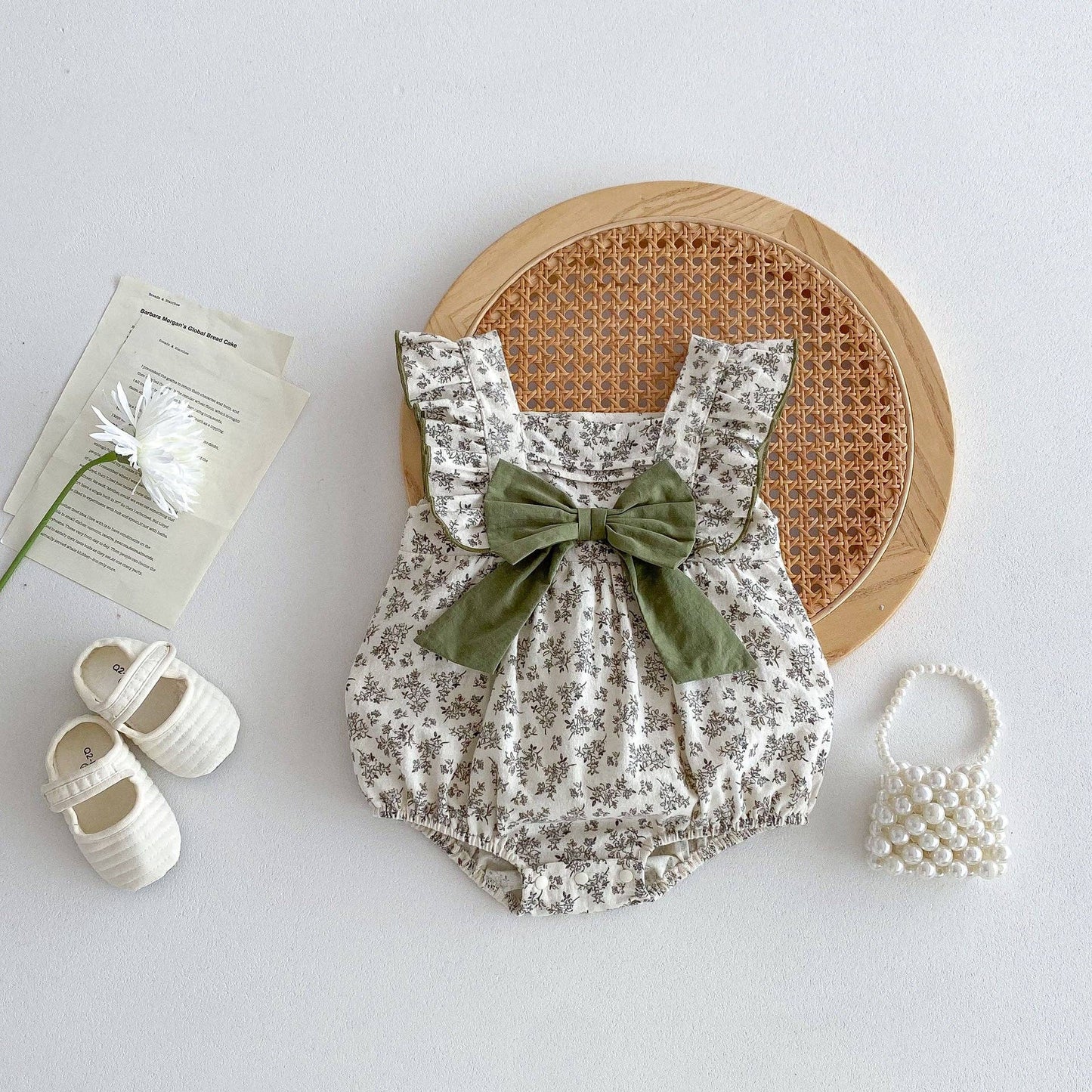 Summer Hot Selling Baby Girls Sleeveless Square Neck Floral Print bodysuit: Beige / 80 (9-12M)