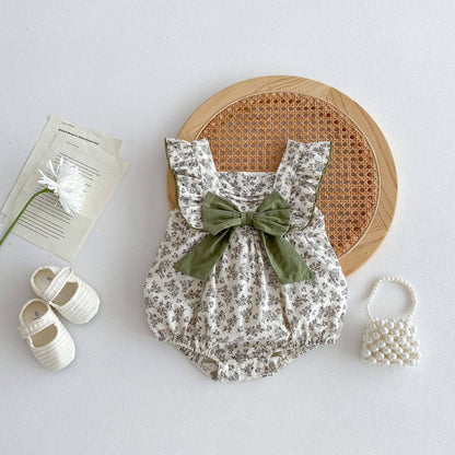 Summer Hot Selling Baby Girls Sleeveless Square Neck Floral Print bodysuit: Beige / 80 (9-12M)