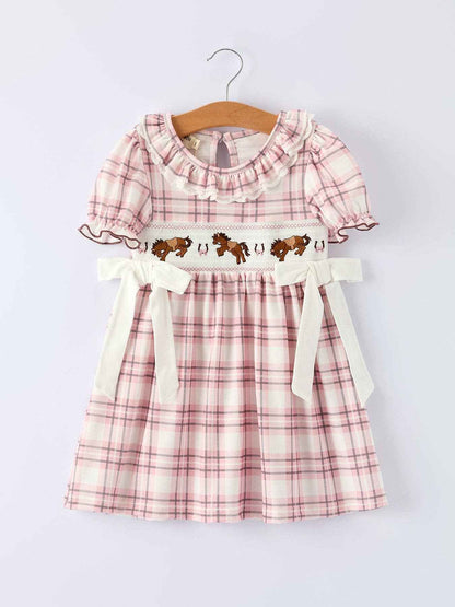 Western Horse Embroidered Smocked Plaid Girls Dress: 4