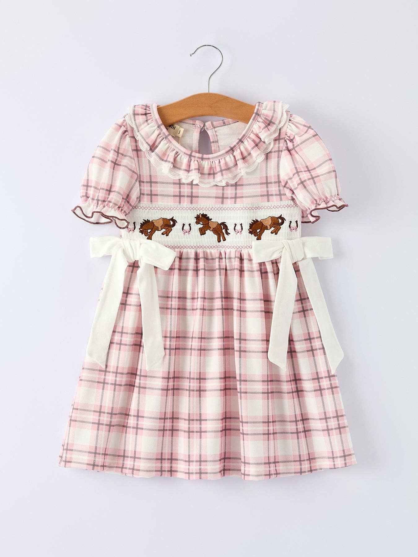 Western Horse Embroidered Smocked Plaid Girls Dress: 6