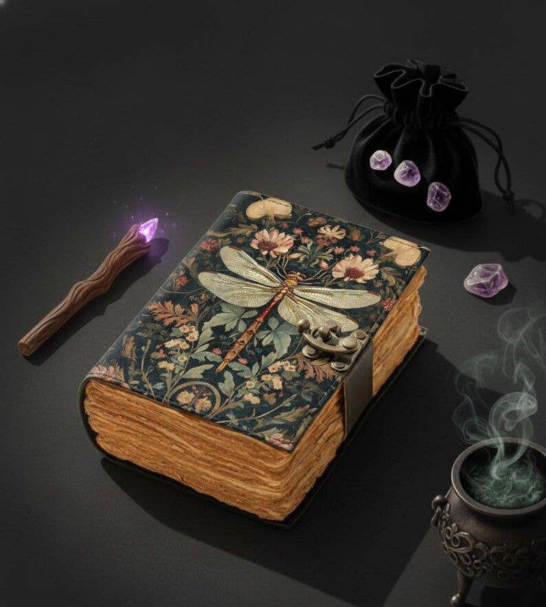 Dragonfly Leather Journal with Lock Handmade Vintage Grimoir